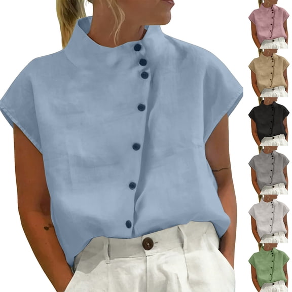 Cotton Linen High Neck Cap Sleeve Shirt For Women Summer Fashion Casual Blouse Top