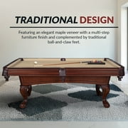 Hathaway Augusta 8 Foot Pool Table with Complete Accessories – Classic Full Size Billiard Table for Home Use – Classic Ball and Claw Legs, Inlaid Sights, K-66 Cushions – Walnut Finish with Camel Felt