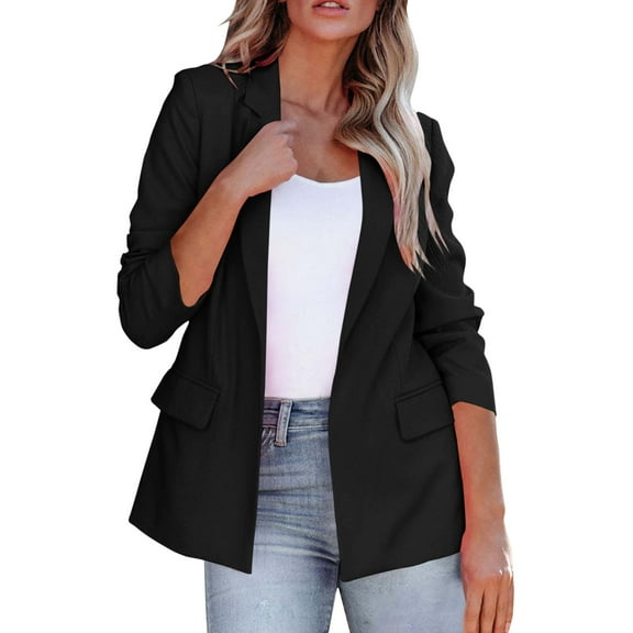 Yigetop Women Blazers for Work Casual Women Fashion Casual Solid Long Sleeve Open Front Notched Collar Suit Cardigan Ladies Jacket Coat Womens Blazers for Work Casual Black L