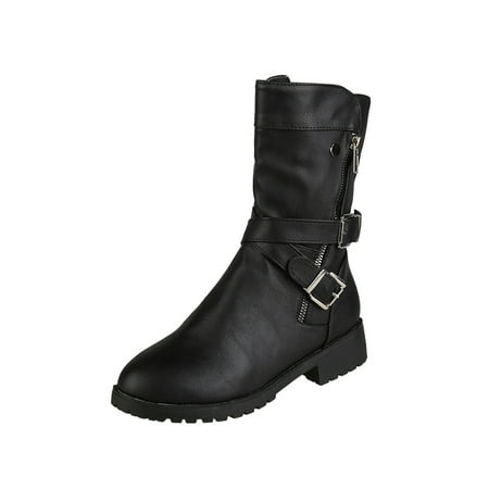 

Women‘s Block Low Heel Mid Calf Boots Solid Color Buckle Bend Side Zipper Shoes Retro Round Toe Shoes