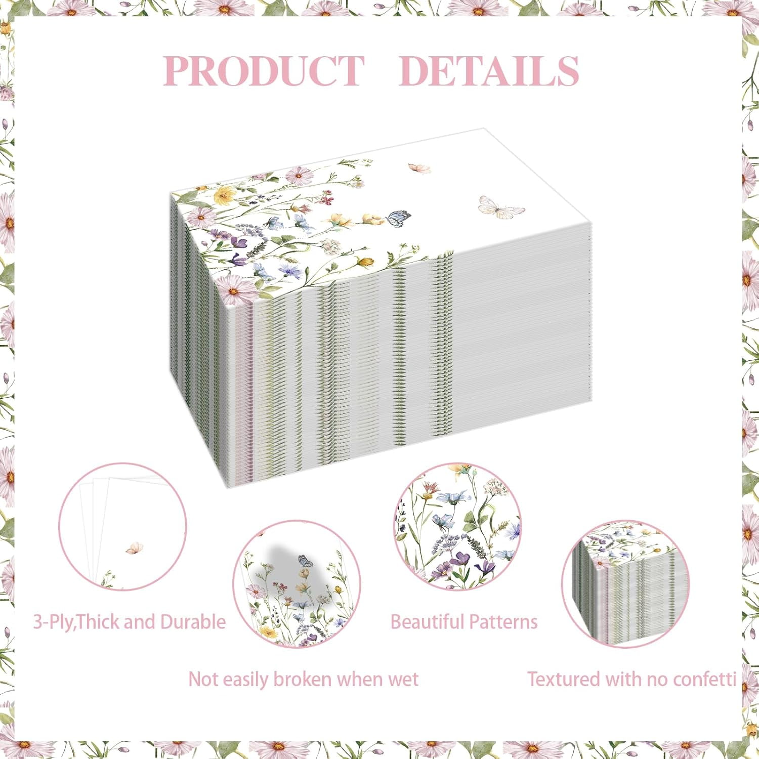 100 PCS Floral Disposable Napkins, 3 Ply Dinner Napkins Summer Wildflower Decorative Paper Guest Napkin for Family Party, Wedding, Birthday, Home Kitchen Dining Table Decor 7.9 x 4.3