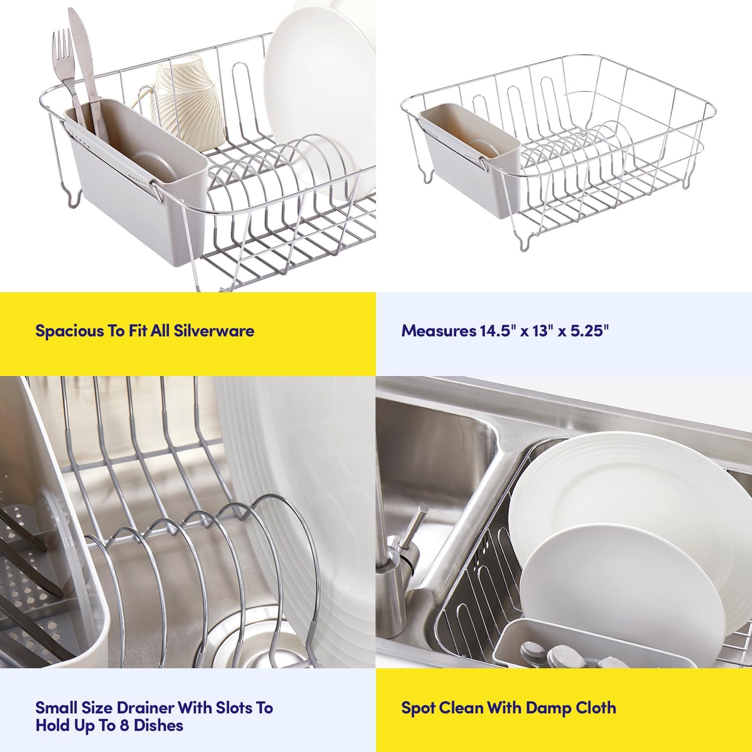2 Piece Dish Drying Rack Set Drainer with Utensil Holder Simple Easy to Use Fits in Most Sinks, 14.5" x 13" x 5.25", Black