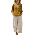thumbnail image 2 of Women's Two Piece Outfit Set Embroidered Linen Blended 3/4 Sleeve Bohemian Top and Wide Leg Pants for Women Daily, 2 of 5
