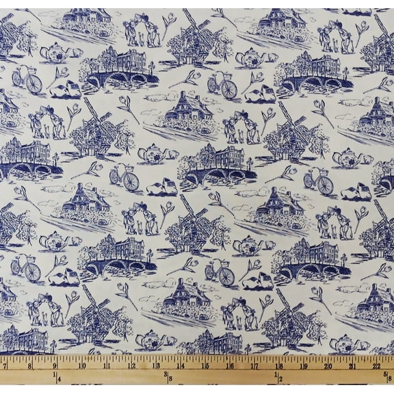 Cotton Dutch Toile Delft-look Ceramics Sketches Blue and White Mook Fabrics Cotton Fabric Print by the Yard (141489)