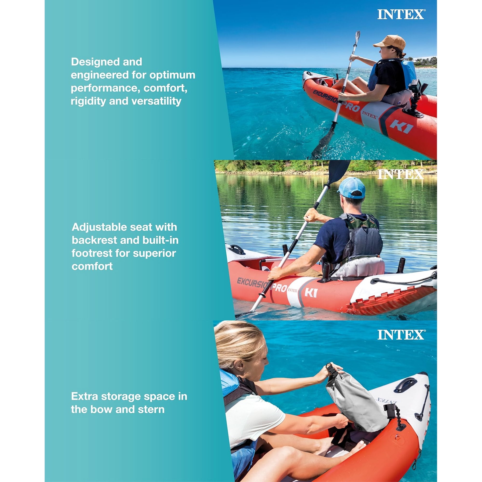 Intex: Excursion Pro K1 - 10' Inflatable Kayak Set - Orange & Gray, Aluminum Paddle Oars, Pump, Fishing Rod Holders, Adjustable Bucket Seat, 220lb Cap