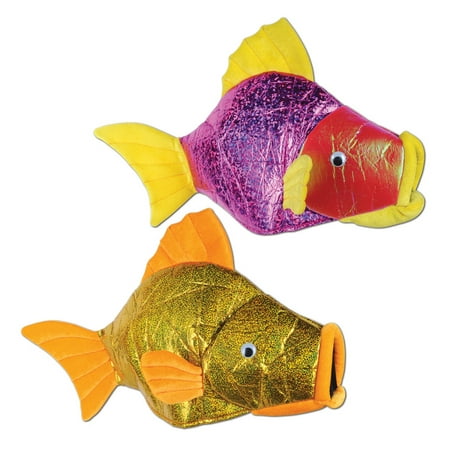 Pack of 6  Luau Themed Metallic Muti-Colored Plush Fish Costume Party Hats