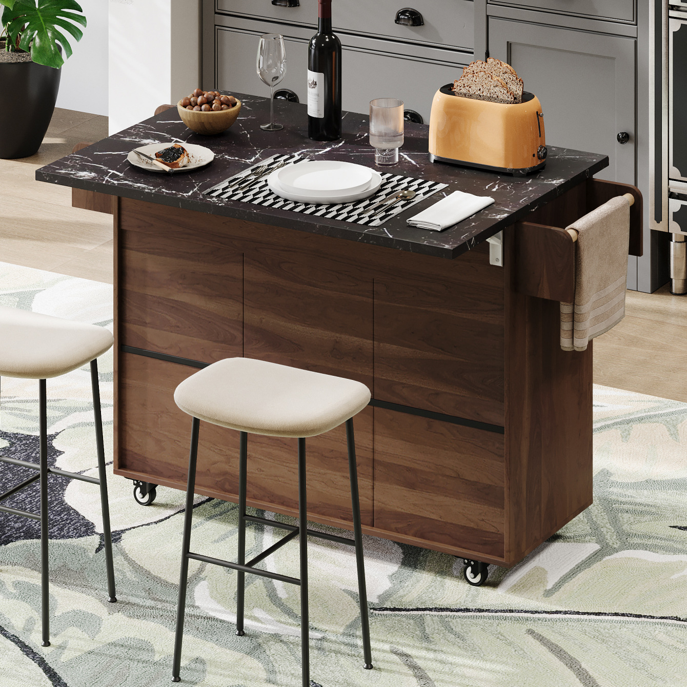 Rolling Kitchen Island with Trash Can Storage Cabinet,Mobile Kitchen Cart with Drop Leaf, Adjustable Spice Rack, Towel Rack and Drawer, Walnut Brown