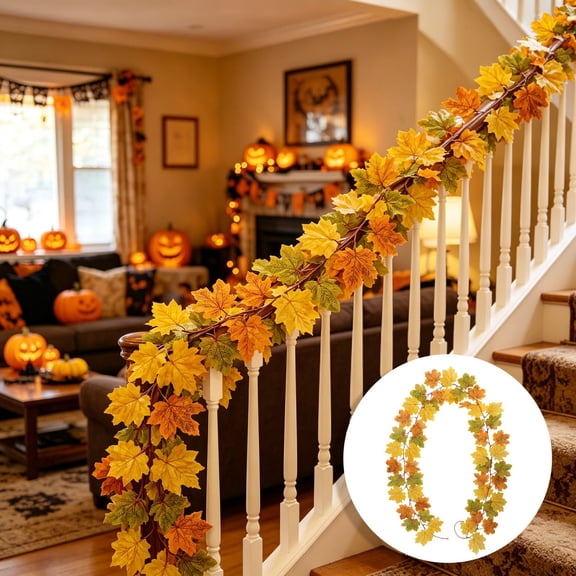 Decorative Fall Leaf Hanging Vine, Lifelike Maple Garland Ornament, Flexible Seasonal Foliage Accent For Porch Door Mantel Window Wall Thanksgiving Halloween Indoor Outdoor Use
