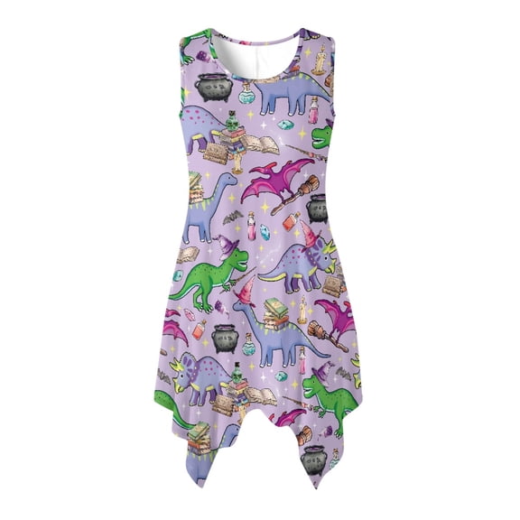 HELLHERO Ladies Irregular Hem Casual Dress, Cartoon Magic Dinosaur Pattern Side Pockets Sleeveless Sundress, Tank Round Neck Summer Sleeveless Dress for Party