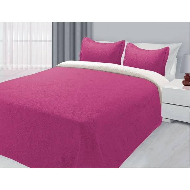 3 Piece Reversible Quilted Bedspread Coverlet Hot Pink White