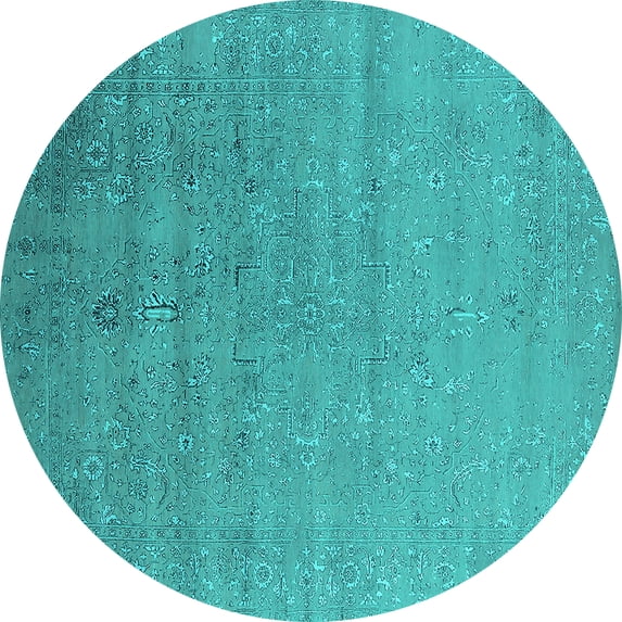 Ahgly Company Machine Washable Indoor Round Oriental Turquoise Blue Industrial Area Rugs, 6' Round