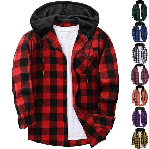 Big & Tall Men's Hooded Flannel Shirt Plaid Shacket Long Sleeve Button Down Workwear Jacket with Drawstring Hood for Hiking Winter Outdoors, Red, 5XL