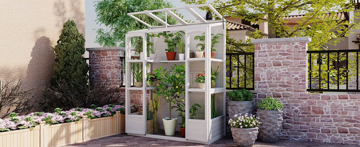 EUROCO 78" Wood Large Greenhouse Cold Frame, Portable Walk-in Outdoor Greenhouse with Openable Roof, 4 Independent Skylights and 2 Folding Middle Shelves, White