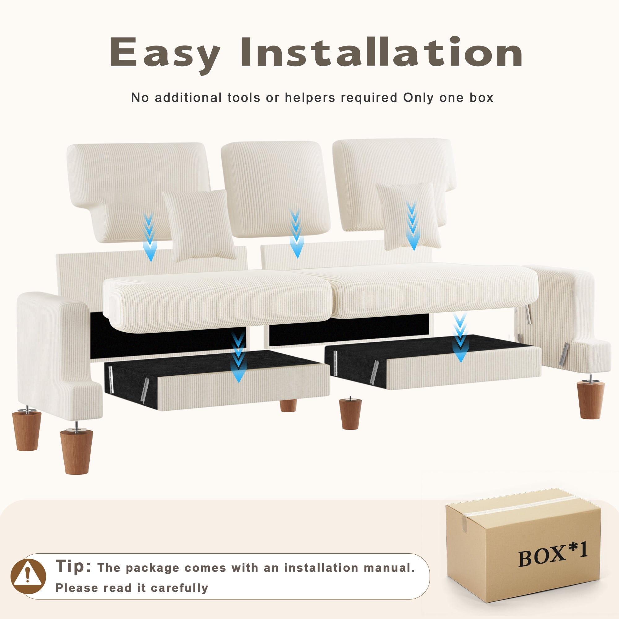 AAQZ 87" Corduroy Sofa Couch for Living Room, 3 Seater Deep Seat Comfy Couch in a Box, 2 Cushions, 2 Pillows Tool-Free Setup,Beige