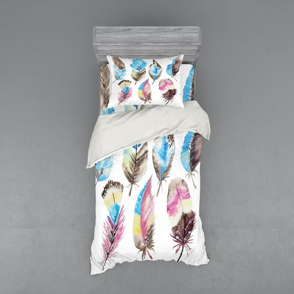 Ambesonne Feather Bedding Set 3 Pcs, Abstract Boho Art, Twin, Multicolor