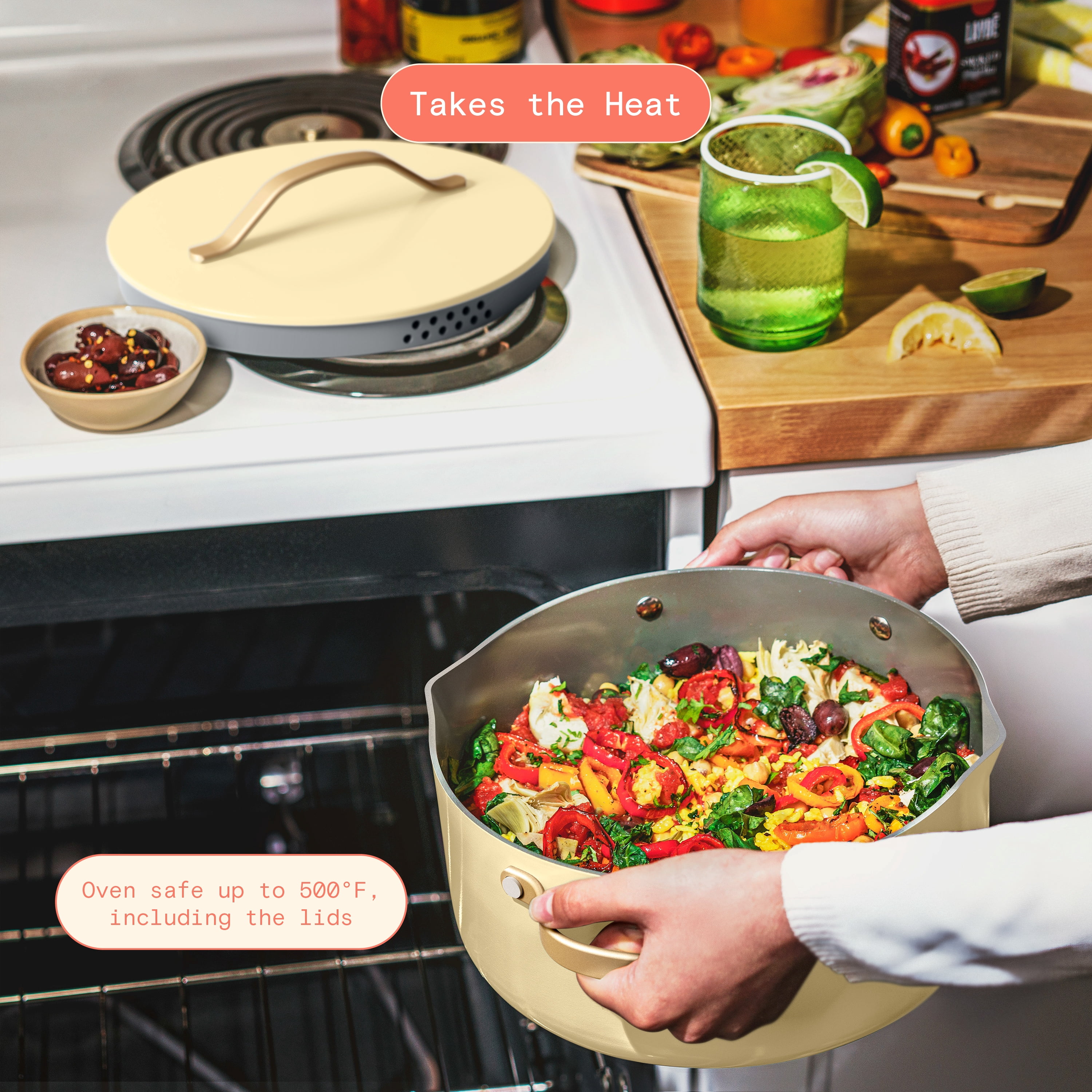 Beautiful 12-Piece Ceramic Nonstick Cookware Set, Pots and Pans with Strainer Lids, Buttercream by Drew Barrymore