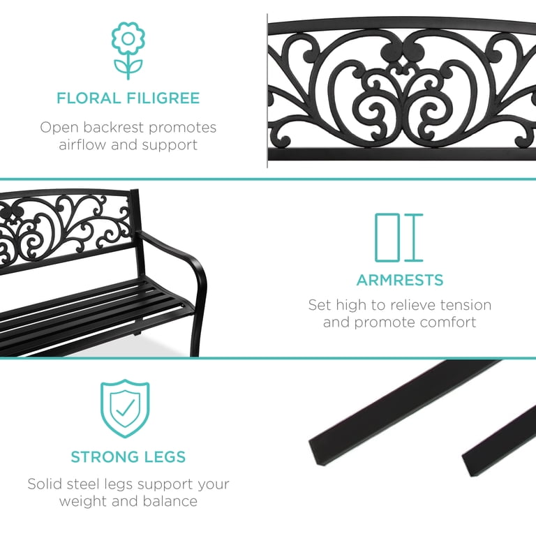 Best Choice Products Steel Garden Bench with Floral Backrest photo 5