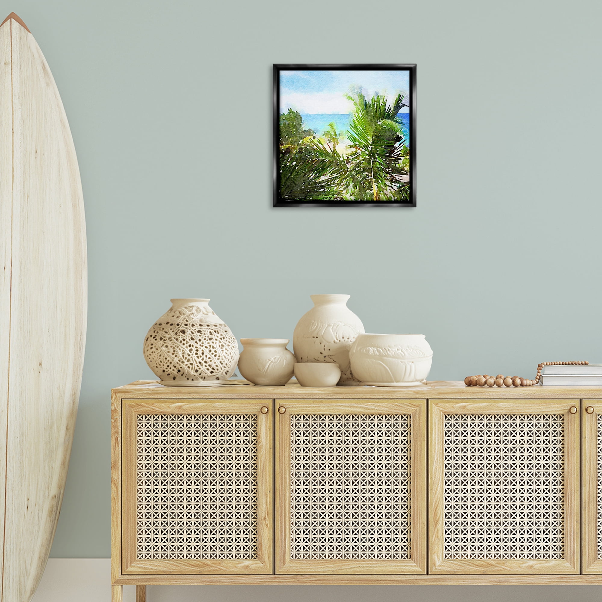 Stupell Industries Palm Leaves over Beach Landscape & Nature Painting Black Floater Framed Canvas Art Print Wall Art, 18 x 18