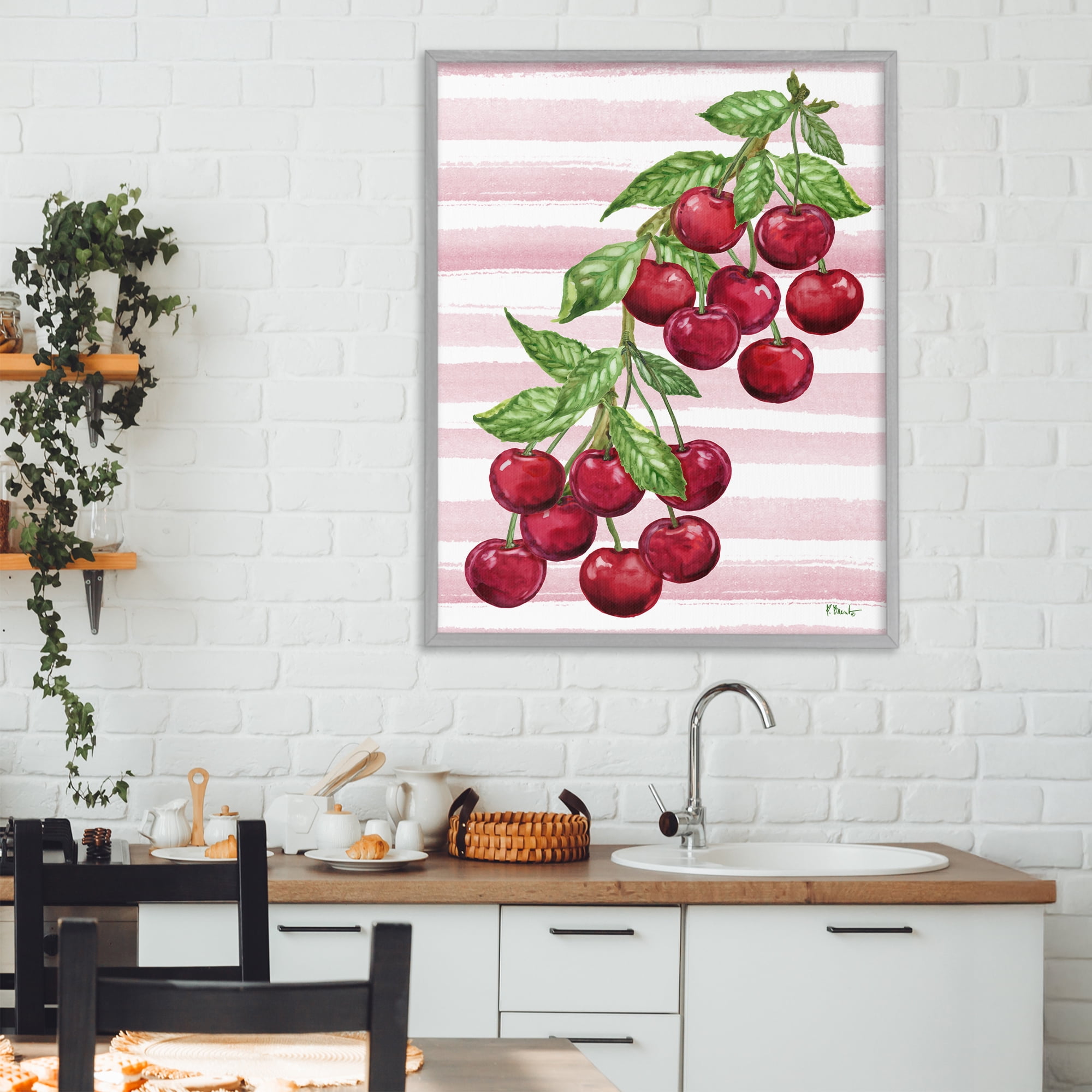 Stupell Industries Juicy Cherry Vine on Stripes Gray Framed Giclee Art, design by Paul Brent