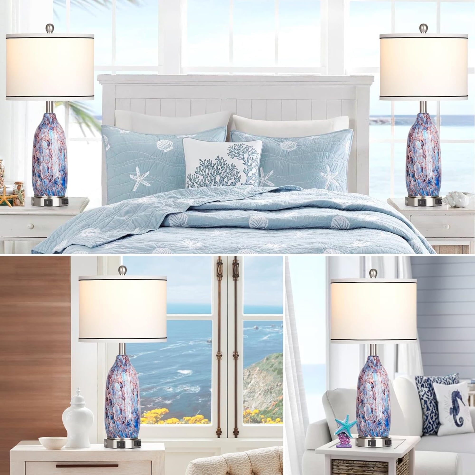 Cinkeda Cosatal Glass Table Lamps Set of 2 for Living Room Bedroom 3 Way Dimmable Touch Control Bedside Nightstand Lamp with USB A+C Ports AC Outlet Nightlight