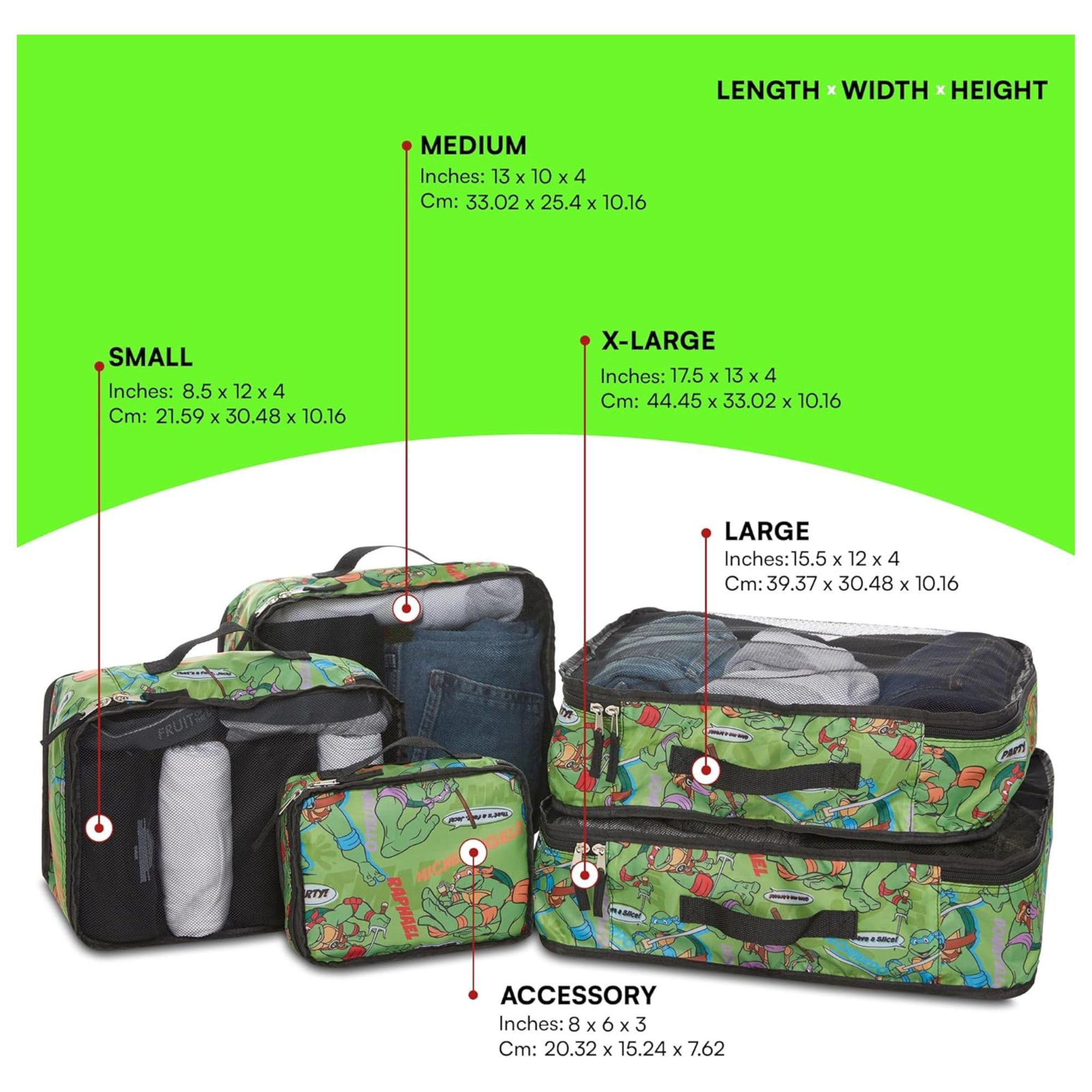 Ninja Turtles Packing Cube Set, Luggage Organizer 5 Piece Set Travel Essential Green
