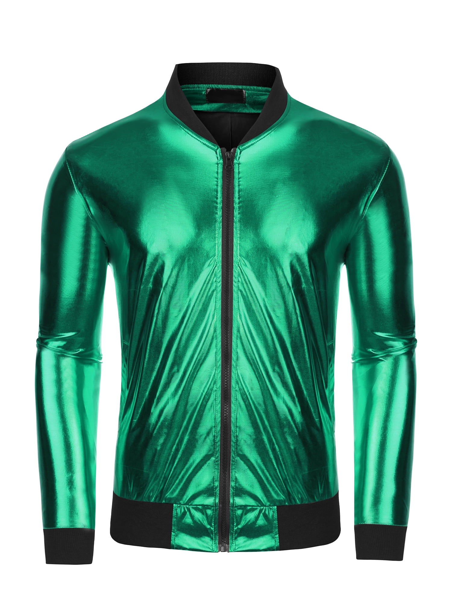 Lars Amadeus Men's Metallic Jacket Zip Up Disco Party Shiny Varsity Bomber  Jacket