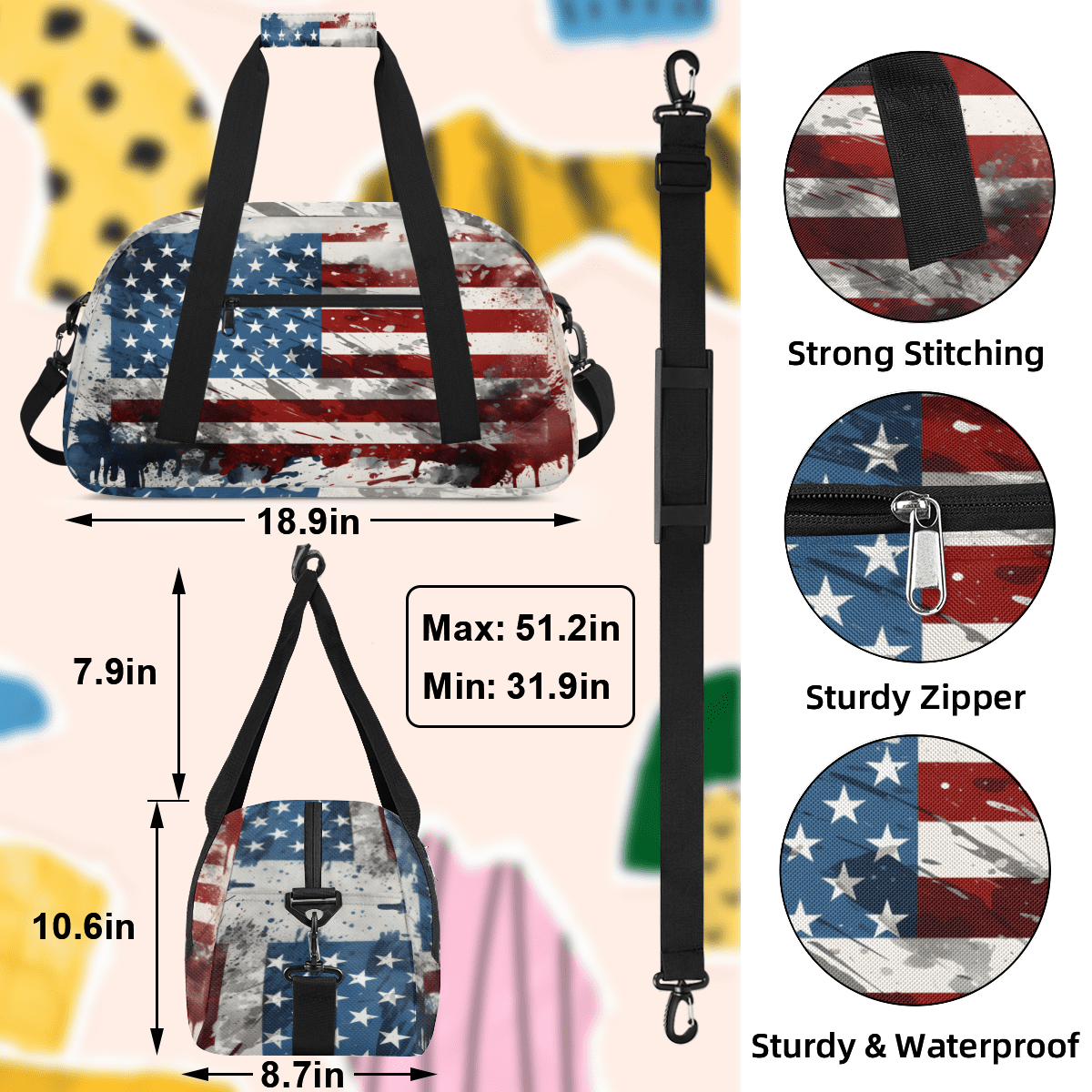 Herdesigns 4th of July Sports Duffle Bag for Women & Men, Patriotic American Flag Gym Bag Dance Bag Overnight Bag Carry On Weekender Travel Bag