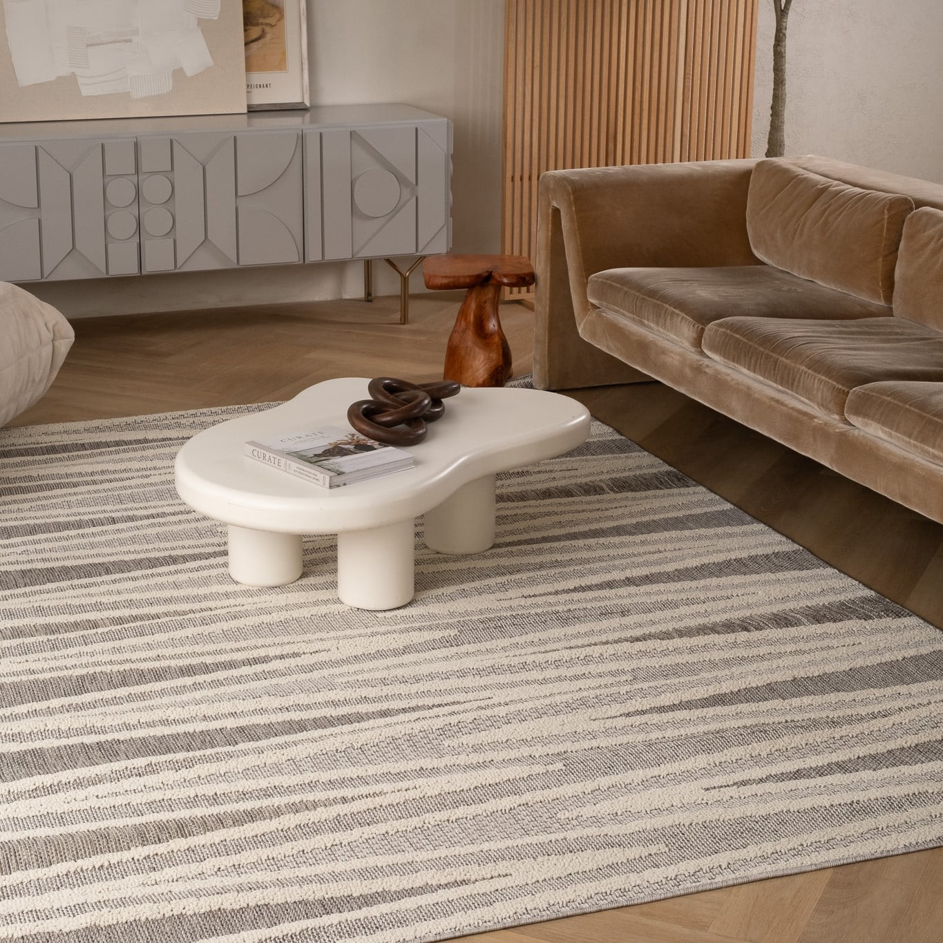 Tapis d'interieur exterieur abstrait Rug Branch Hogar, gris creme, moderne - Salon, chambre, salle a manger et cuisine<br>