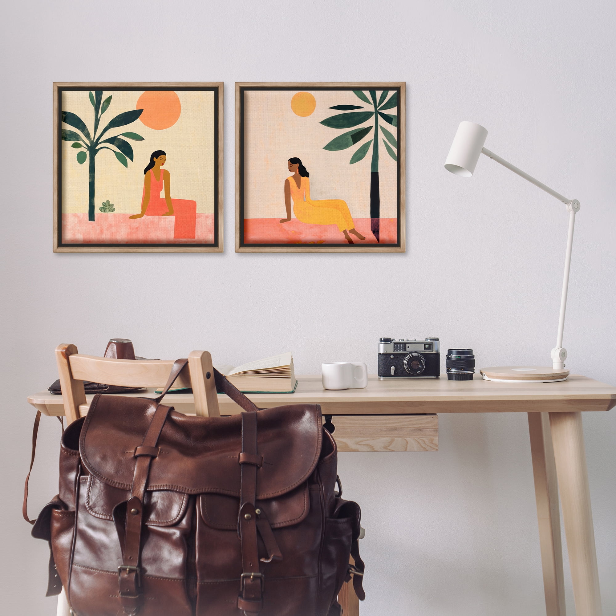 Stupell Industries Female Figure Resting Outdoors People Painting Brown Floater Framed Canvas Art Print Wall Art, 18 x 18, Set of 2