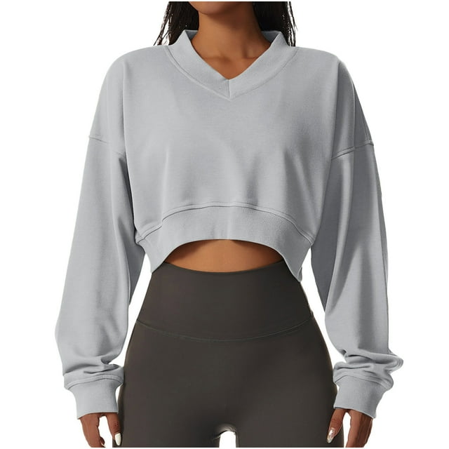 Timegard Cropped Sweatshirt for Women V Neck Workout Athletic Pullover Tops Casual Solid Color Tops