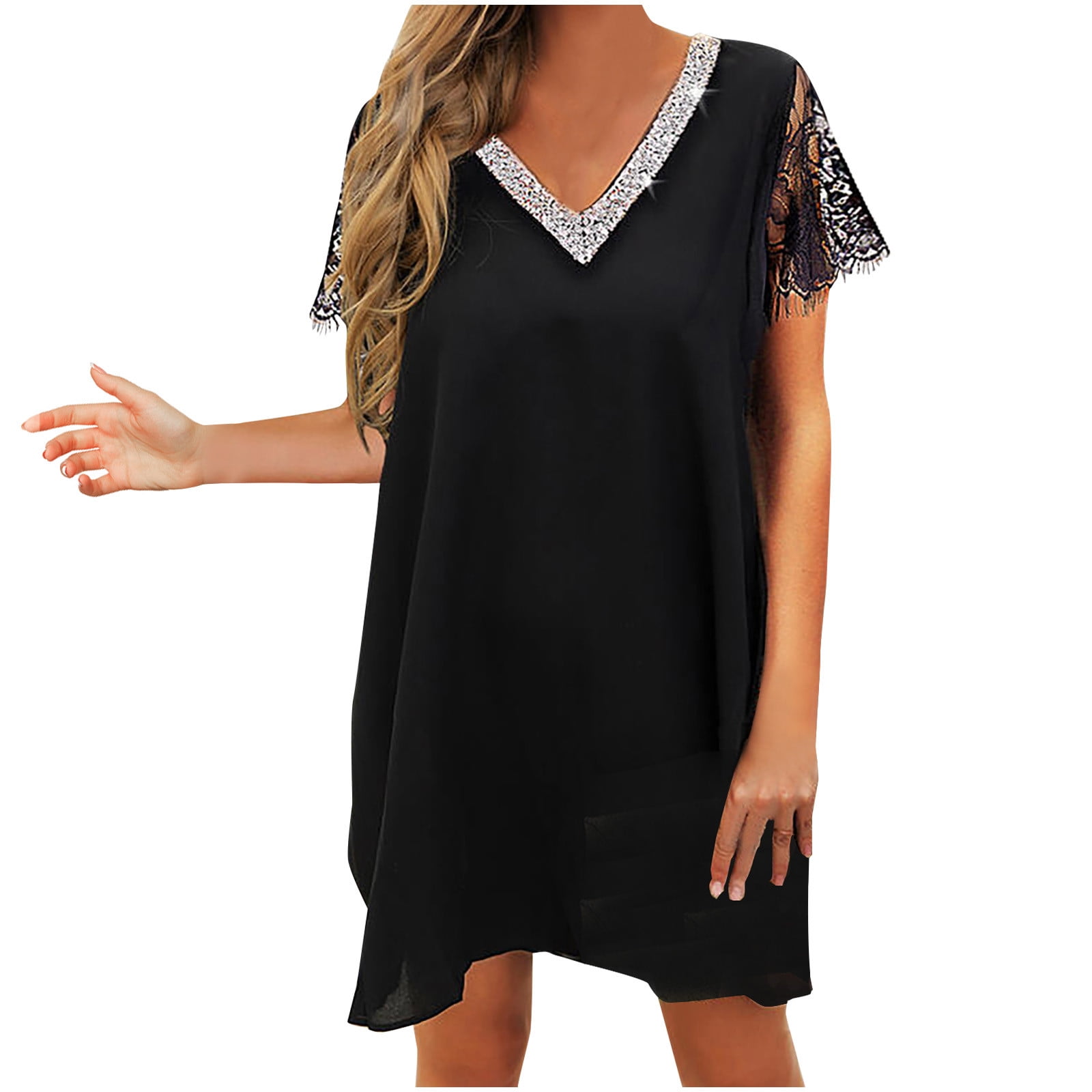 Black Dresses for Women V Neck Casual Loose Summer Short Shift Dress Lace Short Sleeve Comfy Daily Tunic Dress for Work