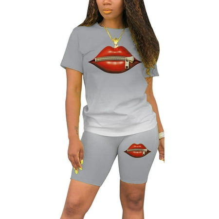 

Woobling Ladies Jogger Set Short Sleeve Two Piece Outfit Comfy Pajamas Women Casual Running Lounge Sets Gray S