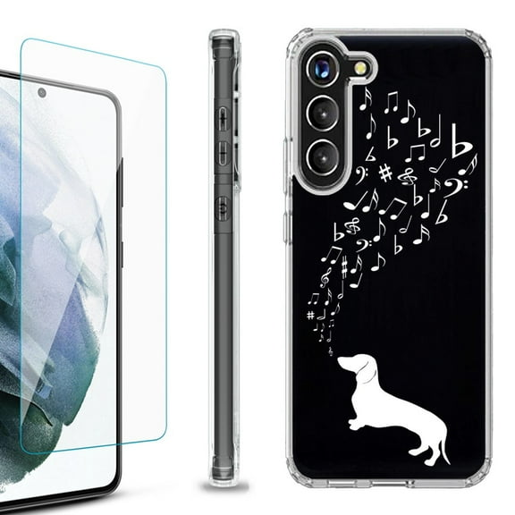 Shockproof Bumper Phone Case for Samsung Galaxy S23 5G, with Tempered Glass Screen Protector, by OneToughShield ® - Dachshund/Puppy Music