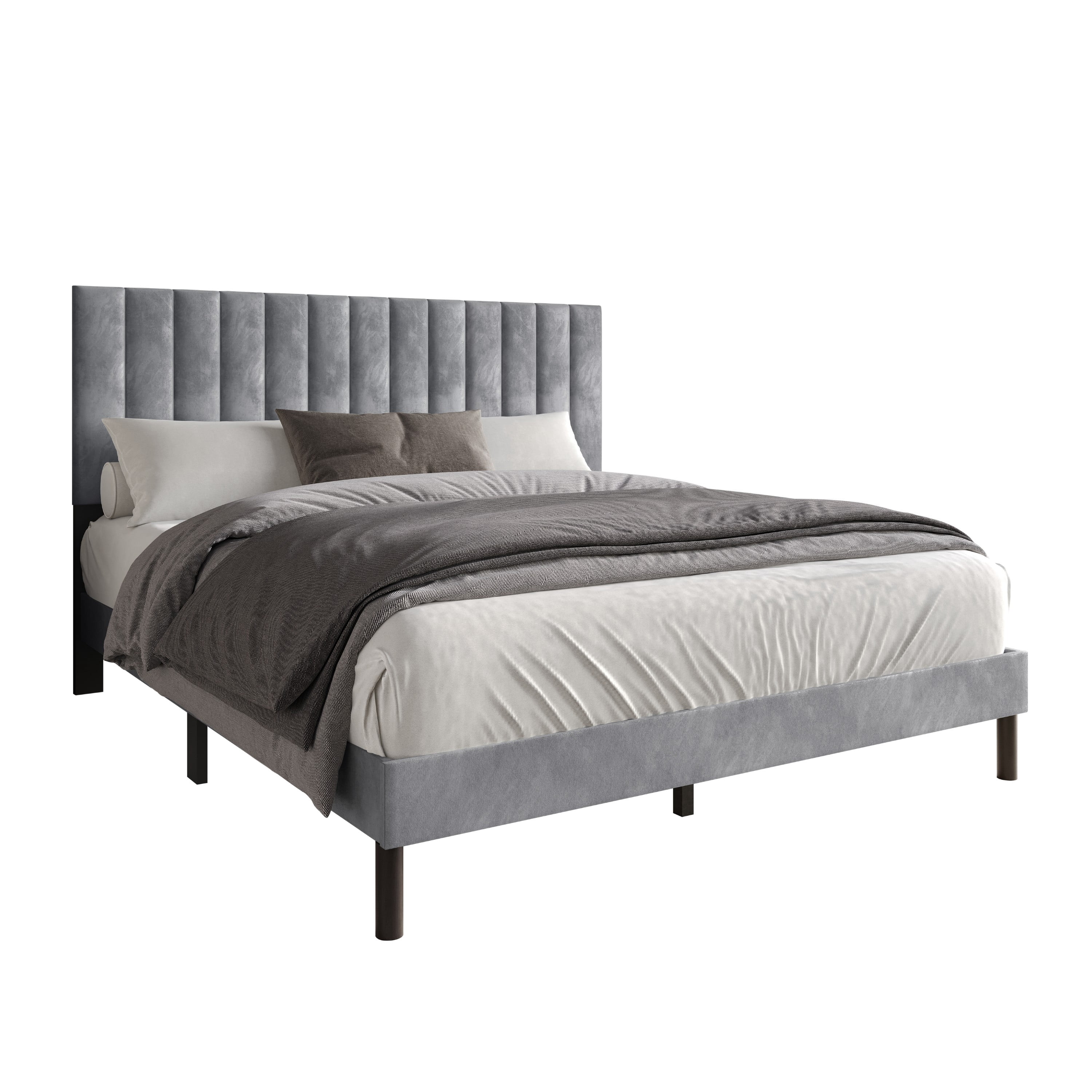 Home Design Sitka Twin Velvet Upholstered Platform Bed Frame with Channel-Tufted Headboard & Foam Padding, Silver Gray, Easy Assembly