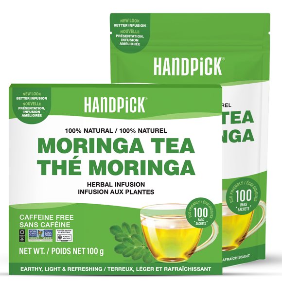 HANDPICK Moringa Tea Bags (100 Count) Non-GMO, Caffeine-Free Herbal Tea in Round Eco-conscious Bags