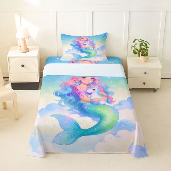 Feelyou Dreamy Unicorn Mermaid Twin Sheet Sets for Girls, Watercolor Galaxy Bedding, Blue Pink, 3pcs