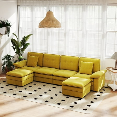 Kinsuite 6-Seat Sectional Sofa - 117" L Modern Couch with 2 Ottomans, Free Combination Corner Sectional with Double Layer Cushions, Modular Sectional Sofa for Living Room, Yellow