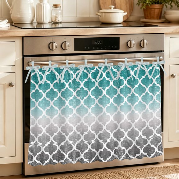 Oven Skirt Curtain for Kitchen 21.5x30 Inch, Teal White Grey Ombre Morocco Pattern Oven Curtain with 8 Ribbon Ties & Ruffle Trim, Stove Skirt Curtain Dishwasher for Cabinets Modern Moroccan Geometric