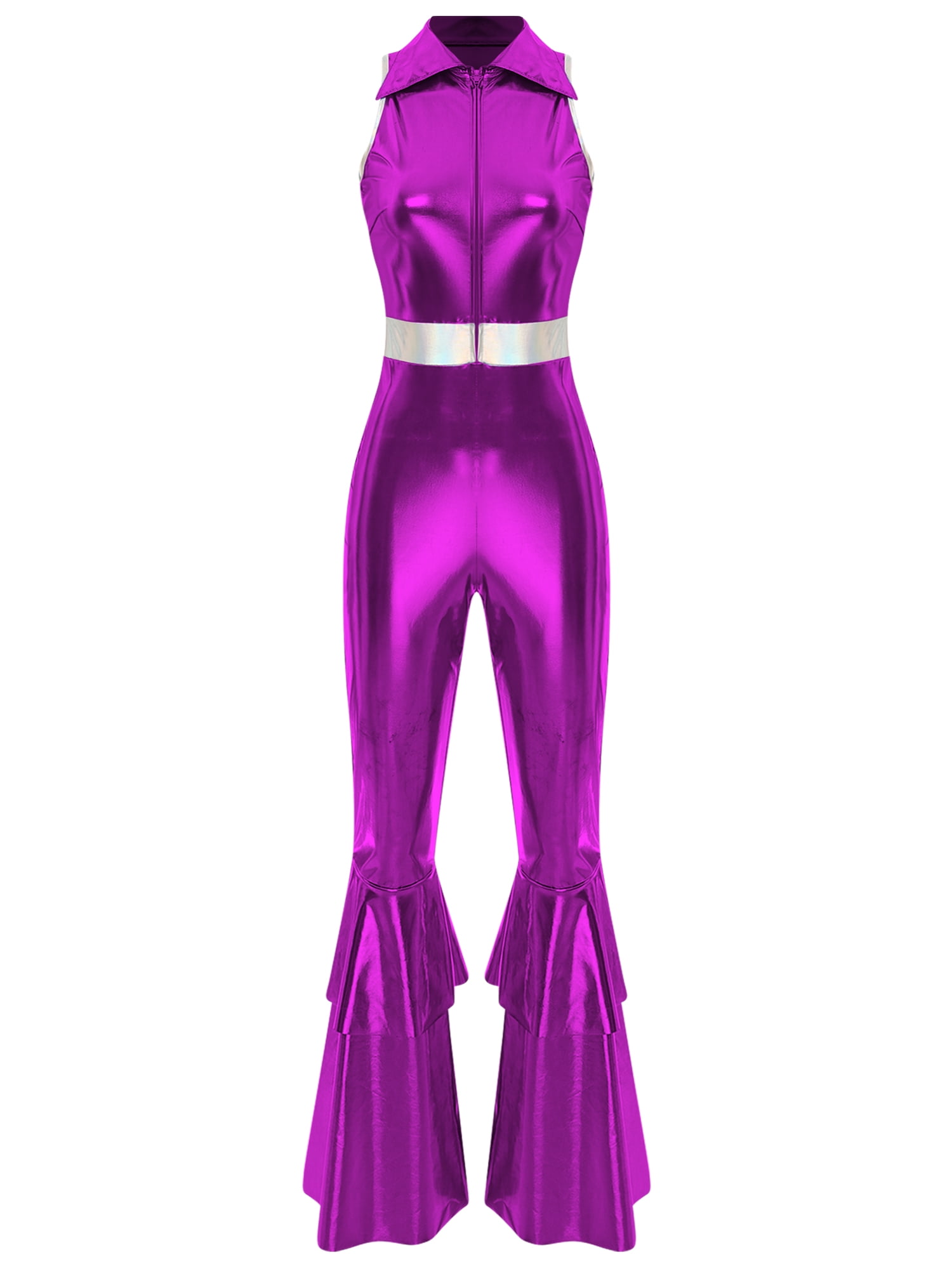 iixpin 70s Costume Outfit for Women Lapel Sleeveless Disco Jumpsuit Holographic Shiny Disco Costume Purple L