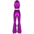 thumbnail image 3 of Sxiwei Women Shiny Metallic 70s Disco Hippy Dance Costume Jumpsuit Sleeveless Flared Bell Bottoms Purple M, 3 of 5