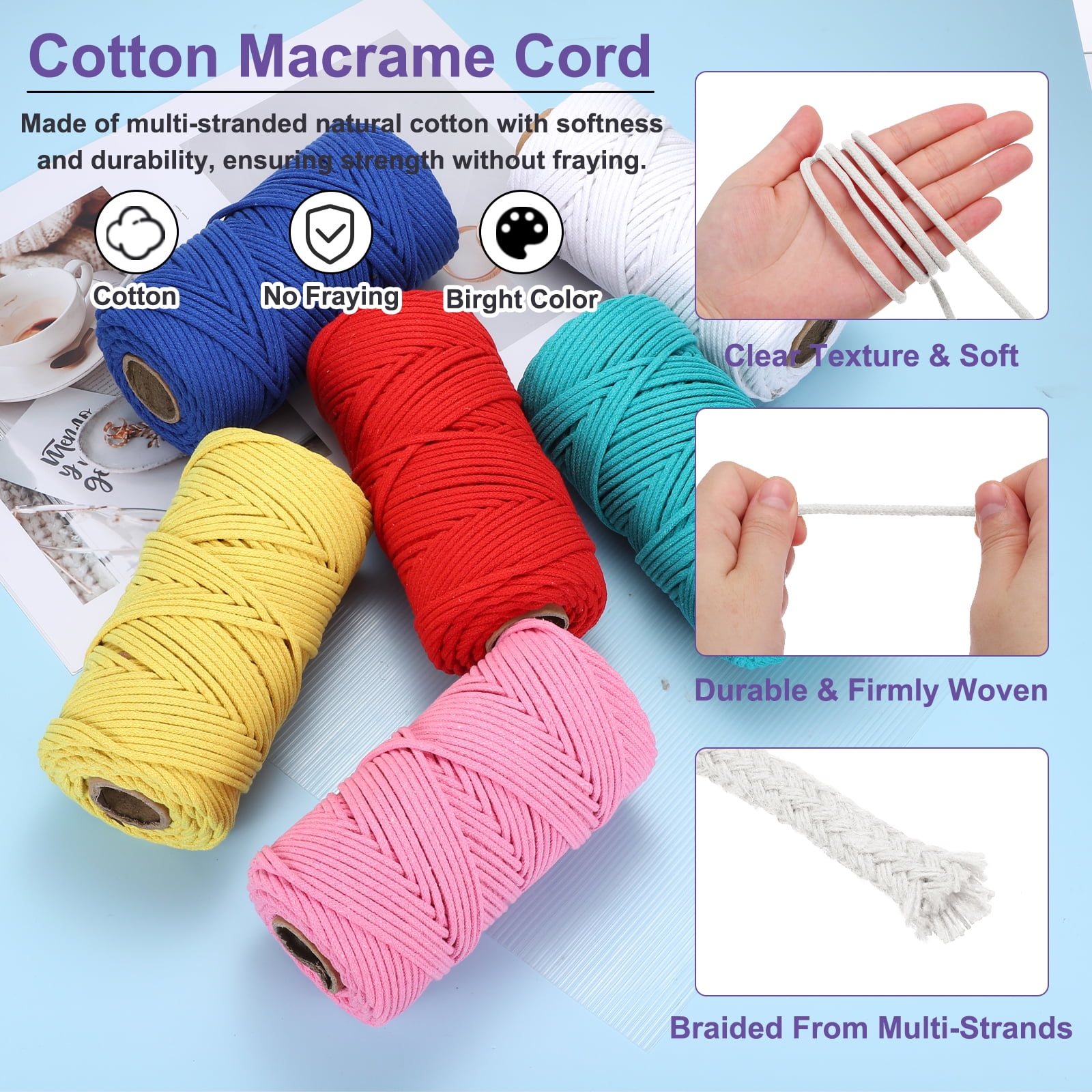 Braided Macrame Cord, 4mm x 109 Yards Natural Cotton Rope Macrame Yarn Bohemia Craft String with Scissors(Beige)