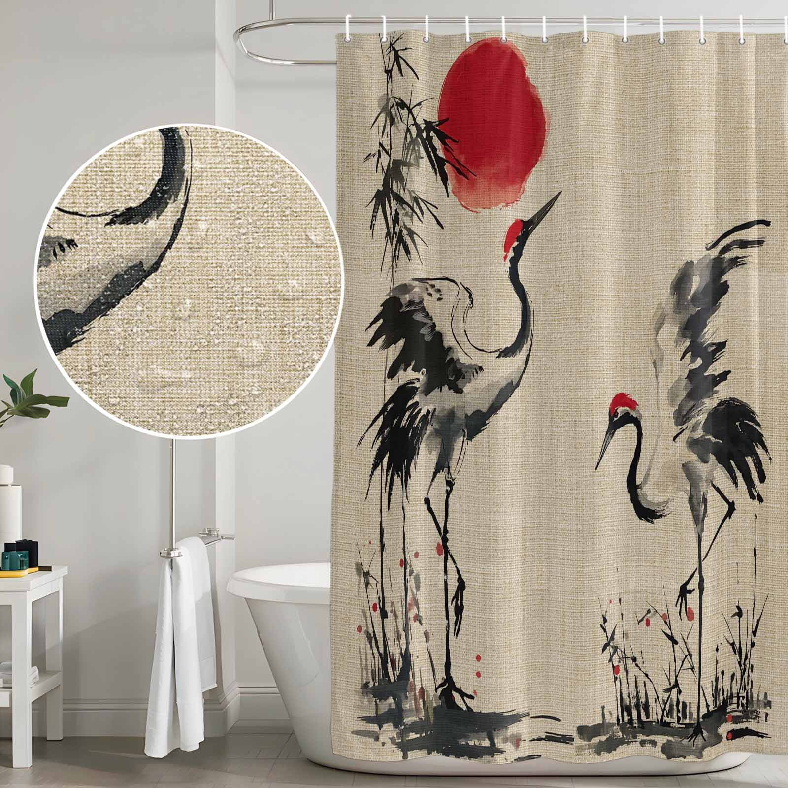 Small Stall Shower Curtain 36x72 Inch Narrow Half Size Crane Bath Curtains Bathroom Decor, Black White Ink Wash Red Moon Botanical Farmhouse Waterproof Fabric Shower Curtain Set with Hooks 36 Inch