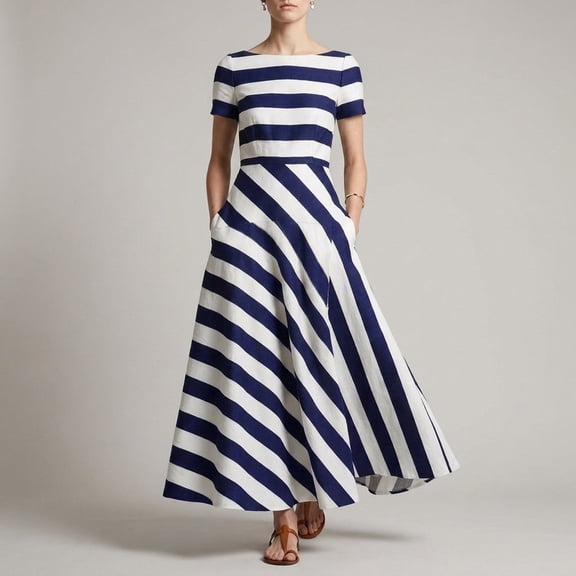 Karymi Stripe Boat Neck Short Sleeve Midi Dress, Vertical & Diagonal Stripe Patchwork Side Pockets Flowy A-Line Casual Sundress Plus Size Dresses