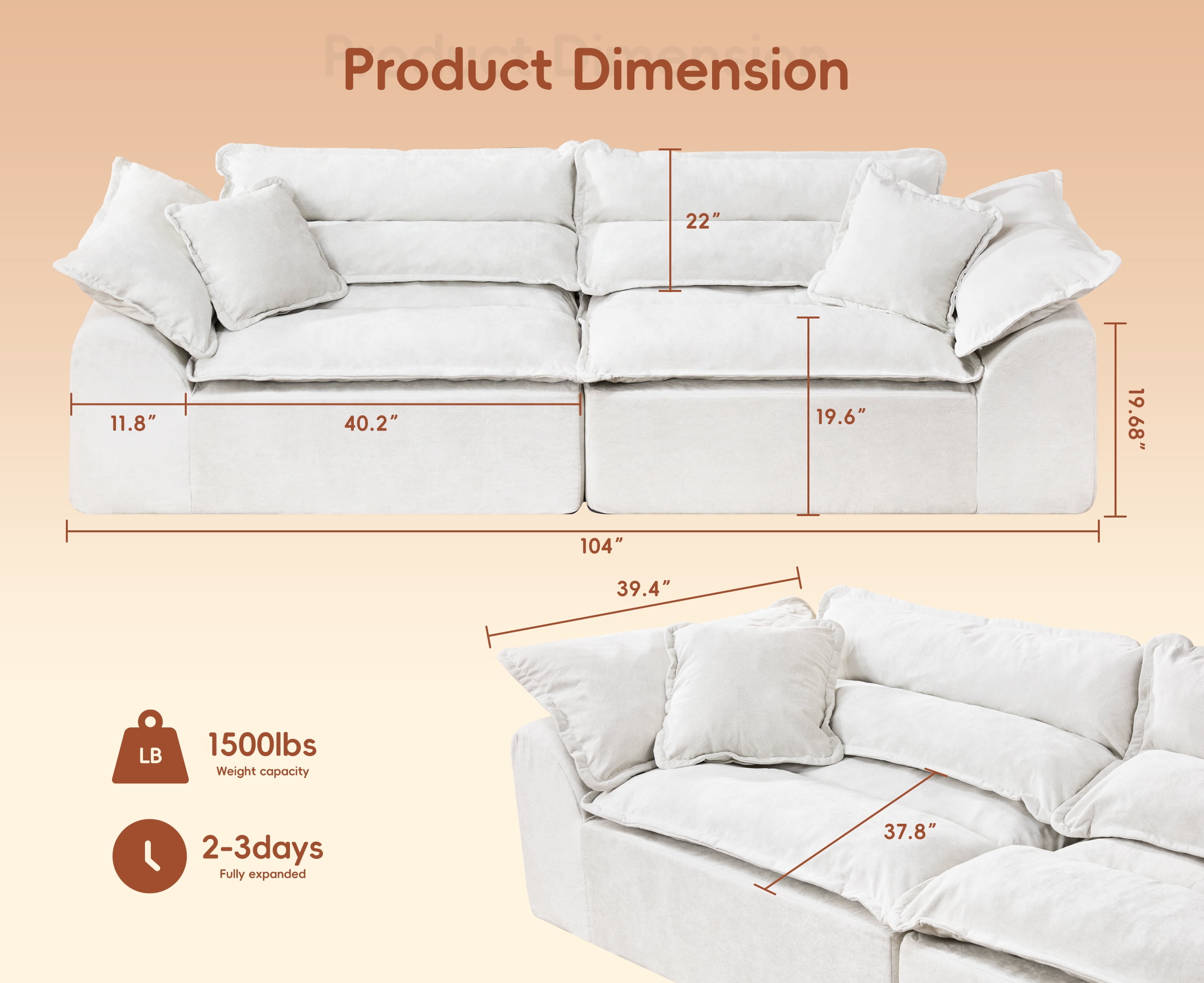 Hobestluk 104" Sectional Sofa Couches 3 Seater Modular Sofa, Boneless Couch, Cloud Couch with Removable Cushion, Modular Sectional Couches for Living Room(Beige)