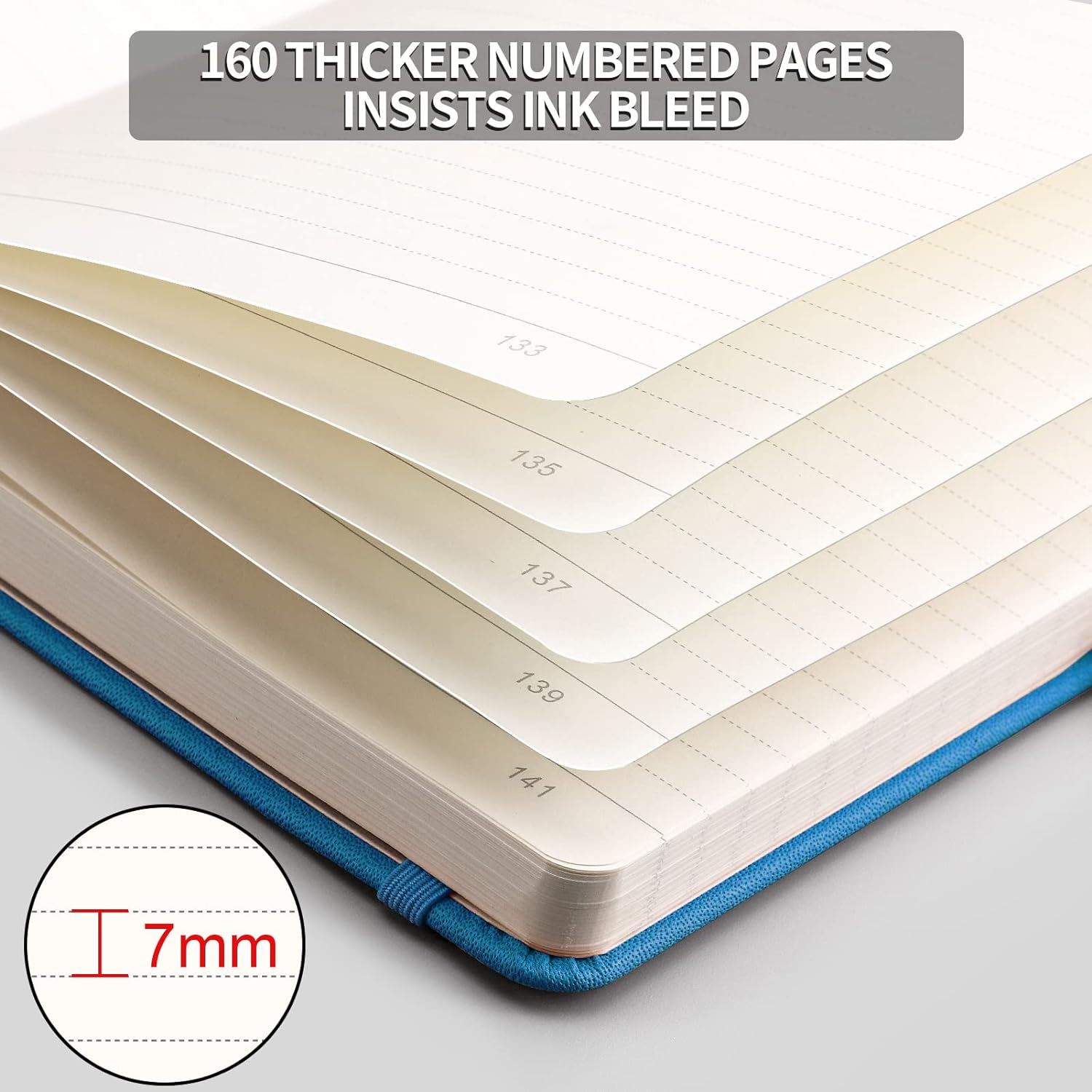 Thick Journal Lined Notebook - 320 Numbered Pages A5 Notebook College Ruled Journal for Writing, 100gsm Lined Paper, Leather Hardcover, for Women Men Work Office School, 5.75'' X 8.38''-Blue
