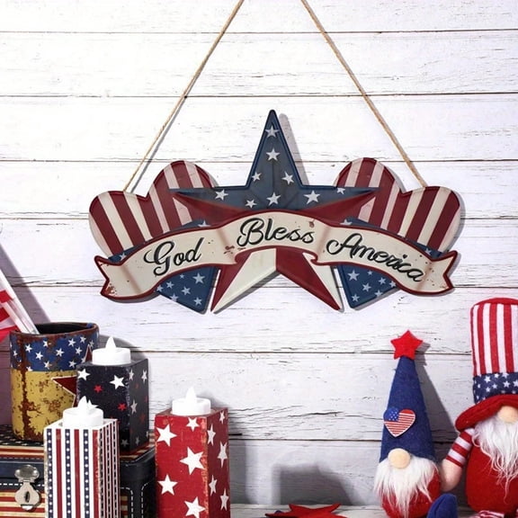 250th Anniversary USA 4th of July Wreaths, Wreath for Front Door, God Bless America Flag Wooden Decor Door Sign Wreath 12 Inch,Welcome Pentacle Heart Irregular Welcome Door Sign Decorations