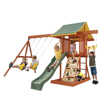KidKraft Meadowvale II Wooden Swing Set / Playset with Slide and Rock Wall
