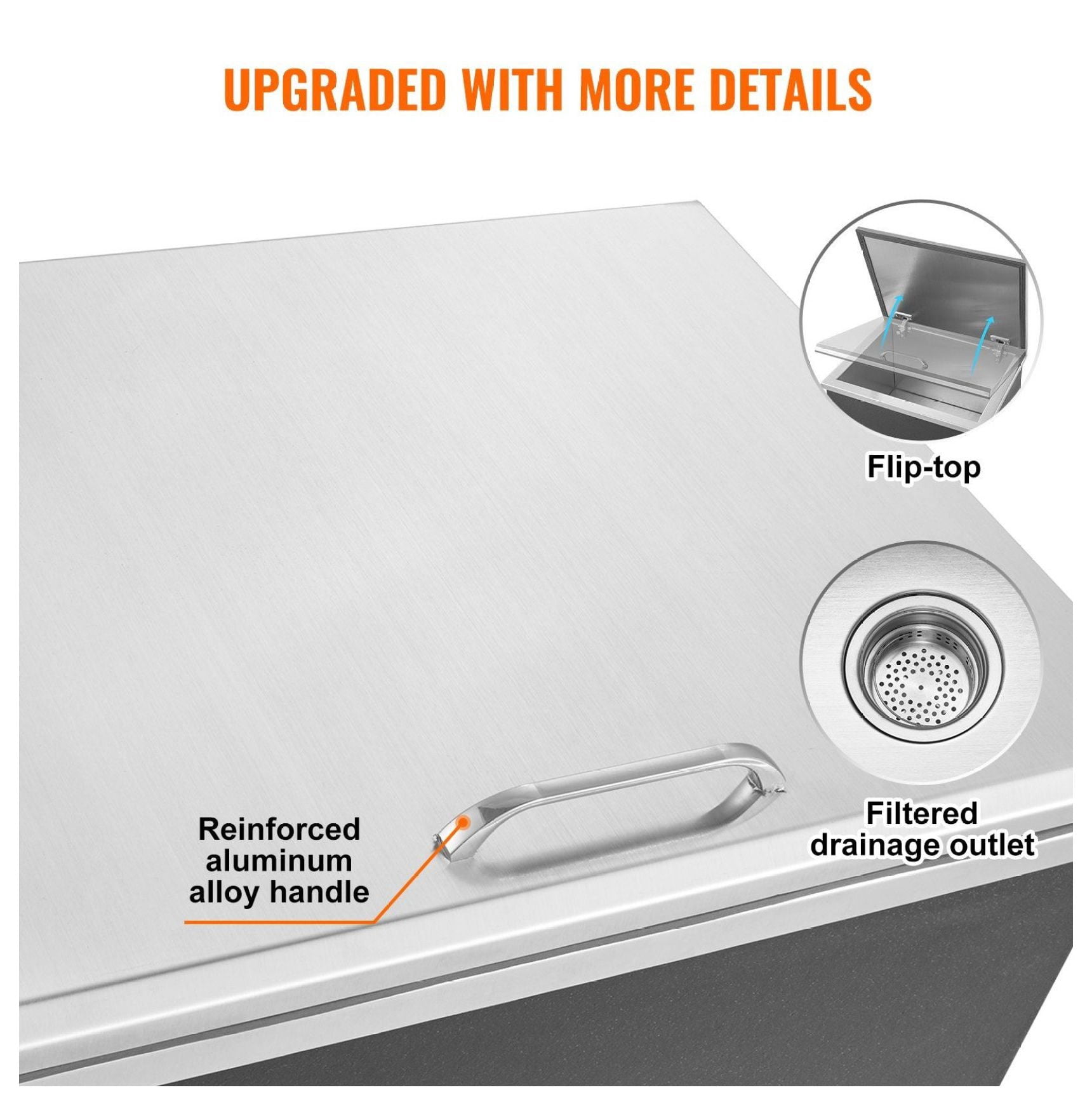 Stainless Steel Drop In Ice Chest 40 qt, 20" x 16" x 13" Commercial Ice Bin, Outdoor Kitchen Cooler, Hinged Lid, Drain Included, for Beer Wine Beverages