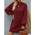 thumbnail image 3 of YOGAFOX Women's Fall Oversized Turtleneck Lantern Sleeve Casual Knit Mini Dress Wine M, 3 of 5