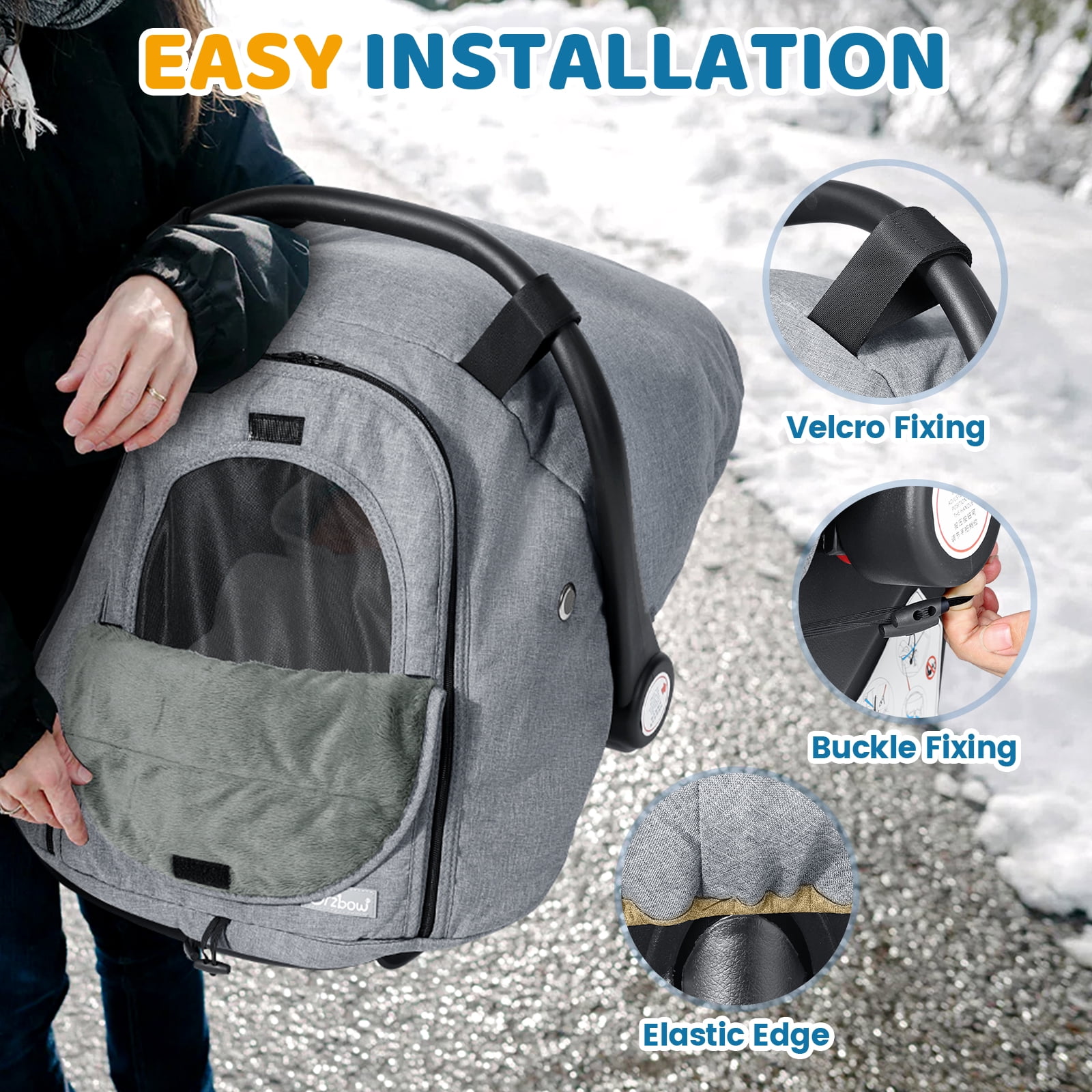 Orzbow Winter Car Seat Cover for Babies, Waterproof Carseat Canopy Cover with Peep Window, Machine Washable, Light Grey